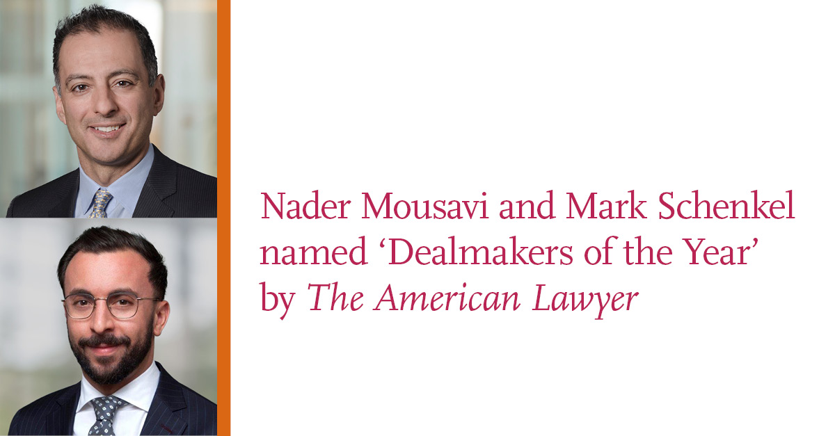 Sullivan & Cromwell (@sullcrom) on Twitter photo Nader Mousavi and Mark Schenkel Hesse have been named “Dealmakers of the Year” by <a href="/AmericanLawyer/">The American Lawyer</a> for advising OpenAI on continuing its multiyear, multibillion-dollar partnership with Microsoft. Learn more: sullcrom.com/About/Rankings… Nader Mousavi and Mark Schenkel Hesse have been named “Dealmakers of the Year” by <a href="/AmericanLawyer/">The American Lawyer</a> for advising OpenAI on continuing its multiyear, multibillion-dollar partnership with Microsoft. Learn more: sullcrom.com/About/Rankings…