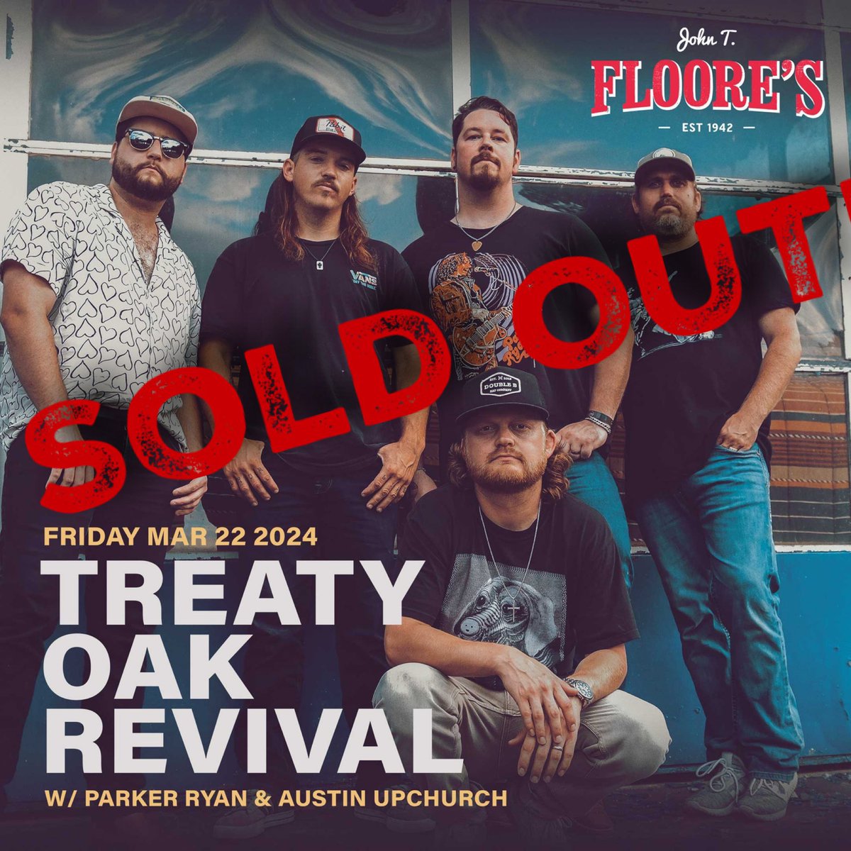 If you’ve got tickets to tonight’s sold out @TreatyOakMusic show on the outdoor stage at Floore’s with special guests @ParkerRyanMusic and Austin Upchurch - Gates open at 7pm and music starts at 7:30pm!