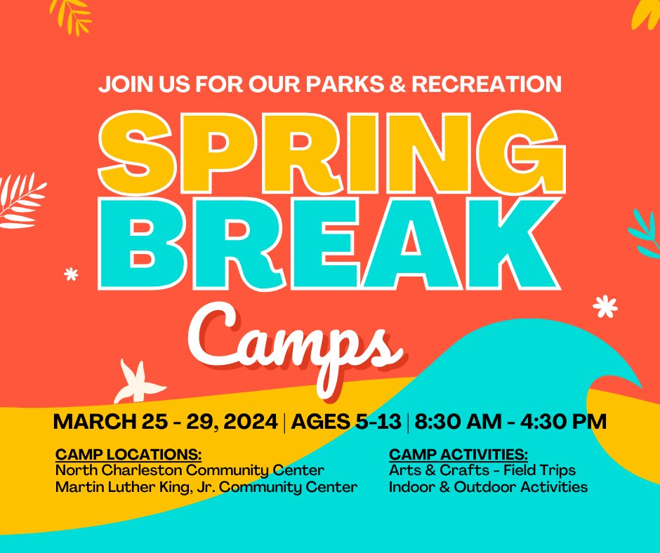 ICYMI: Our P&R Spring Break Camps at North Charleston and the King Center start Monday, March 25 at 8:30A. More info 👇 King Center: 304.348.6404 North Charleston: 304.348.6884