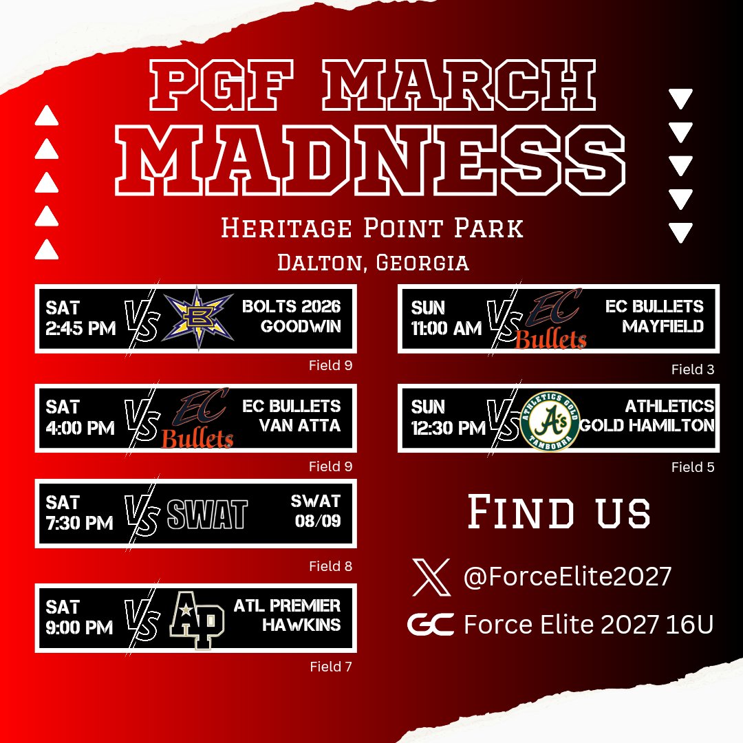 ForceElite2027's tweet photo. Games tomorrow have been pushed back!  New schedule below!  Come see us at Heritage Point in Dalton or watch live on the Gamechanger app!
#GoForce

 Join Force Elite 2027 16U on GameChanger https://t.co/7FGcbhnOYl https://t.co/tOni139KbX