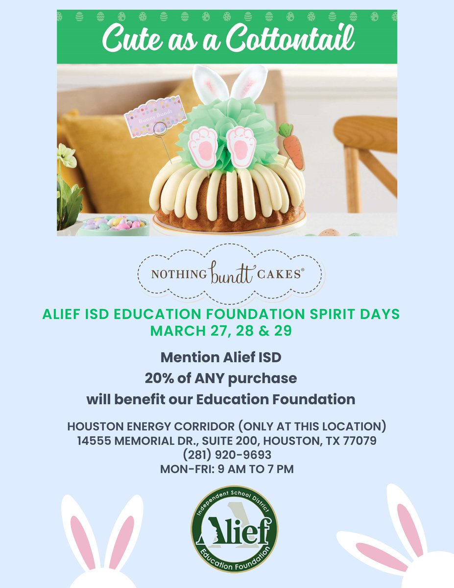 Indulge your sweet tooth for a good cause! From March 27-29, swing by Nothing Bundt Cakes in Houston Energy Corridor and support the Alief ISD Education Foundation. 20% of your purchase will benefit education in our community. Let's make a difference together! #WeAreAlief