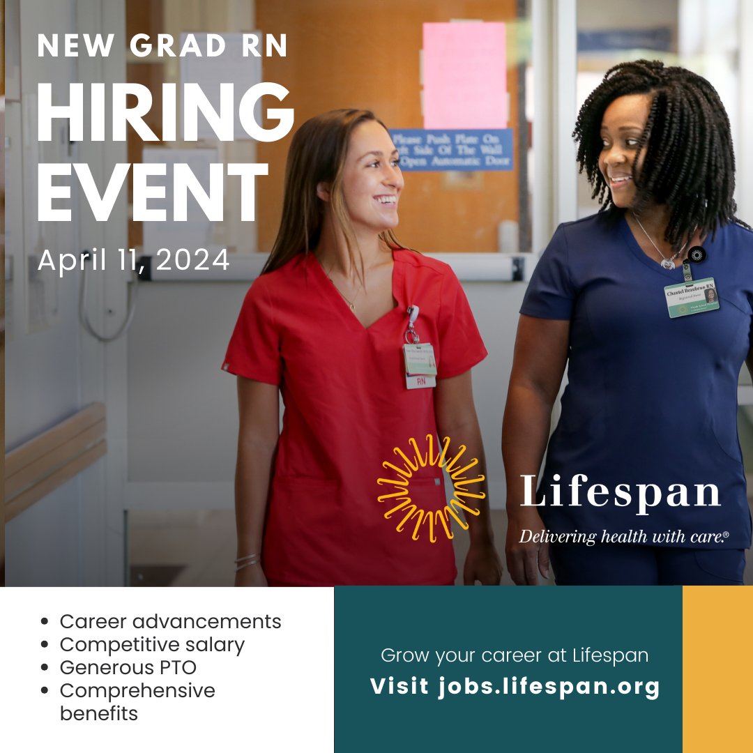 New or soon-to-be registered nurses--we're hosting a hiring event! Meet with hiring managers and nursing leaders about available positions at @RIHospital, @HasbroChildrens, @MiriamHospital, @BradleyHospital, @NewportHospital. Learn more and register at lifespan.org/events/new-gra…