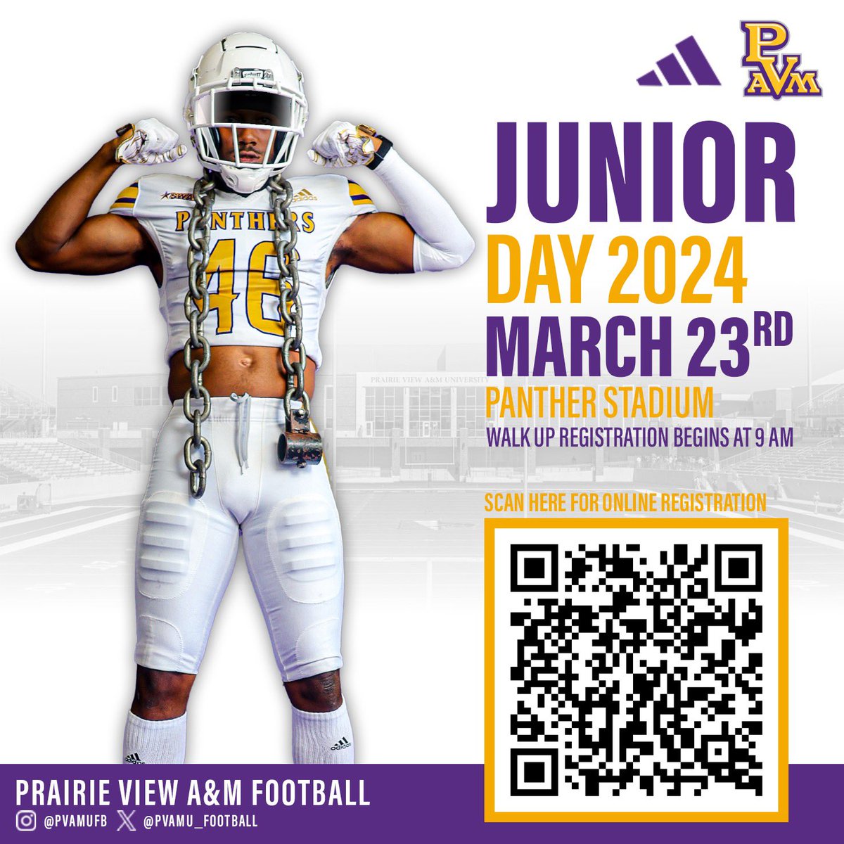 TOMORROW! Junior Day on the Hill 🏈 Register by scanning the QR Code. Walk-up registration begins at 9 AM. #PVAMUFootball | #PVNation