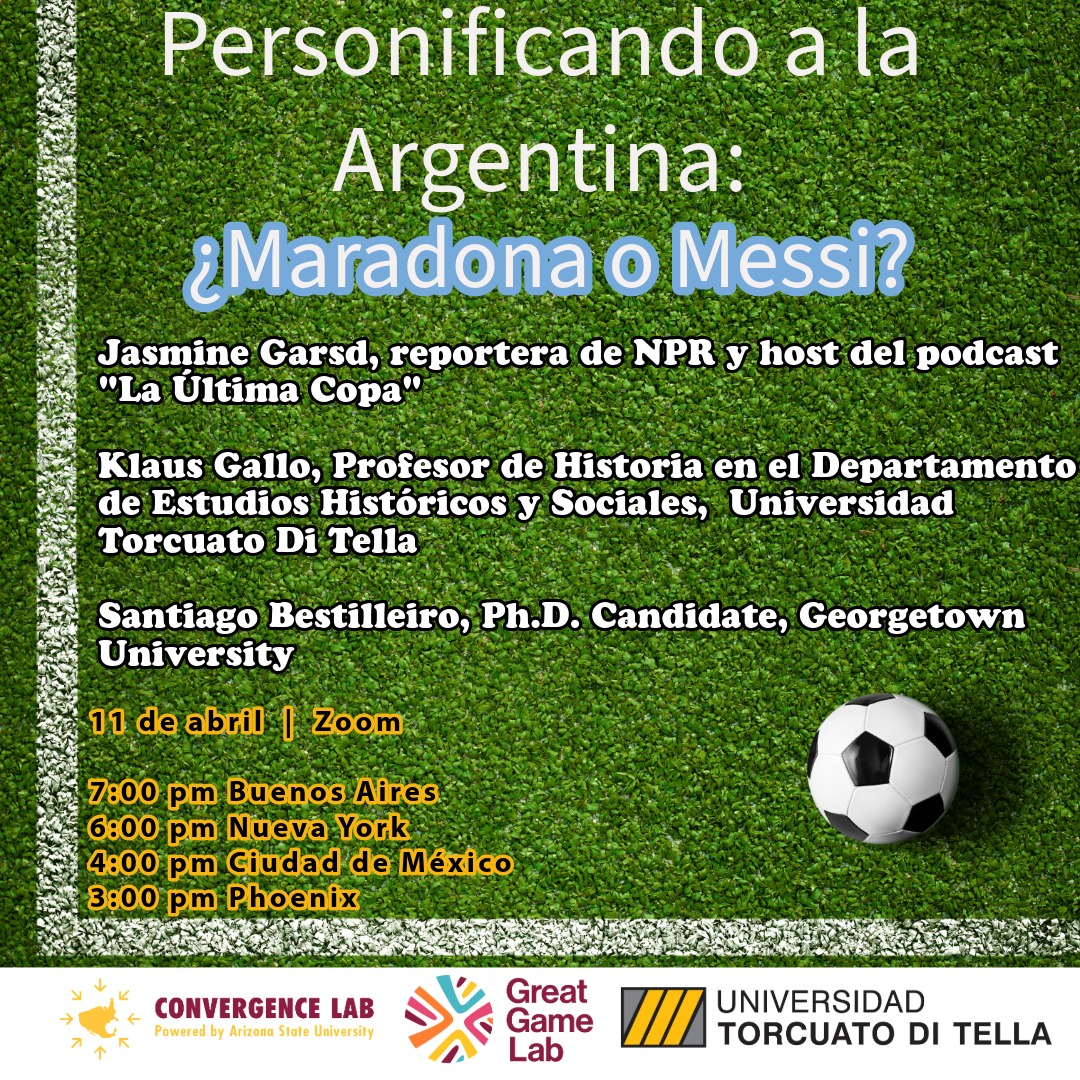 🎙️¡Prepárate para descubrir el impacto cultural y deportivo de Messi y Maradona! El próximo 11 de abril @JasGarsd, @sanbestilleiro y Klaus Gallo te esperan en nuestro Convergence Lab virtual. Regístrate en 👇 bit.ly/MaradonavsMessi #Fútbol #ASU
