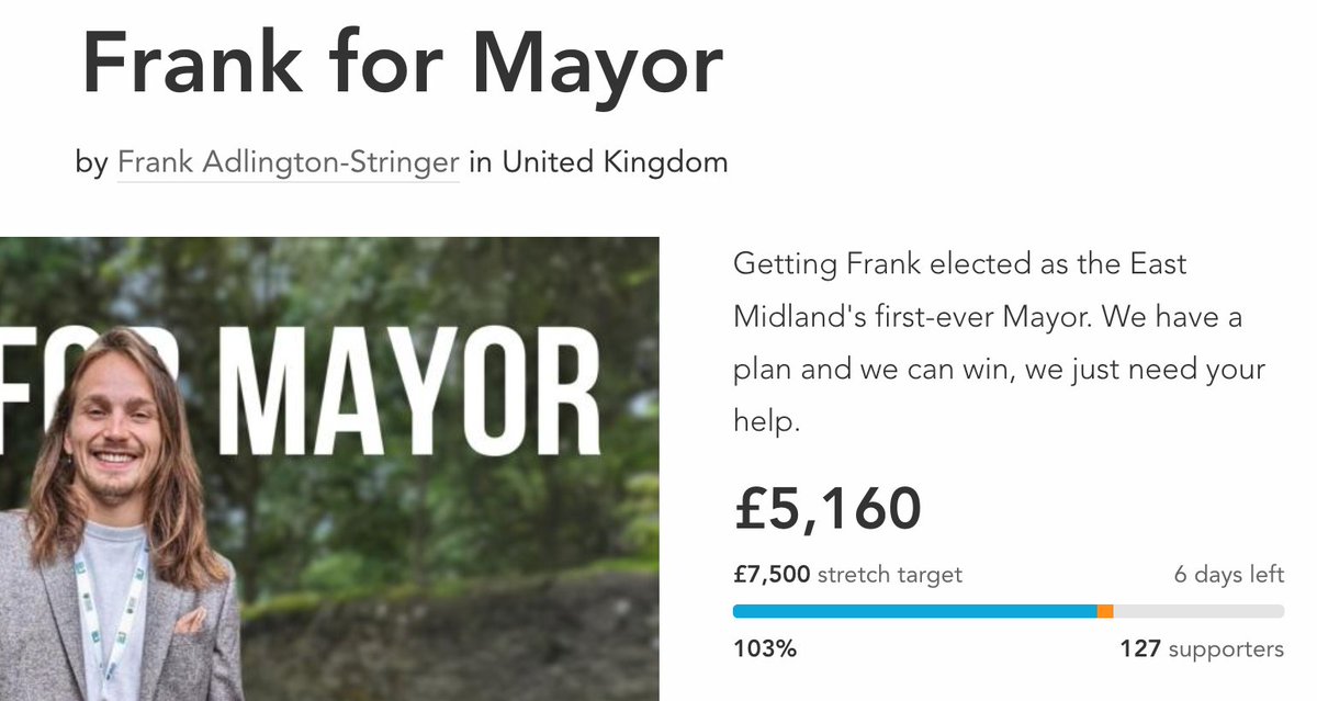 Thanks to over 100 generous donors there will be a @TheGreenParty candidate on the ballot of the East Midlands Mayoral Election!

Huge well done to @Frankadlingtons, and a truly massive thanks to everyone who's donated so far.