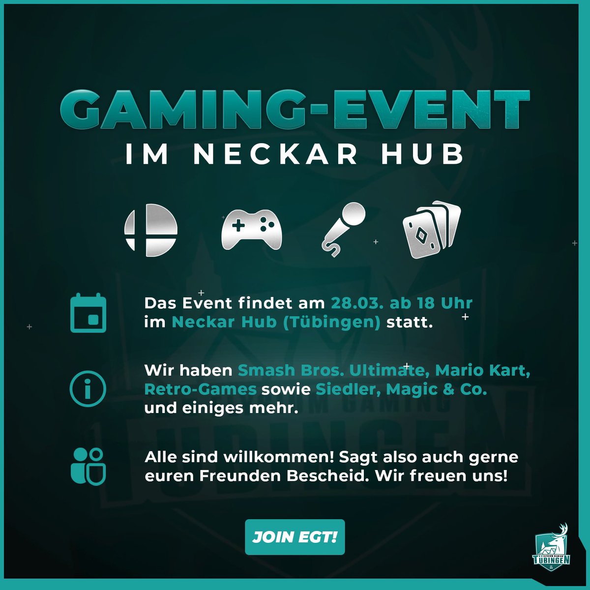 Der Gaming Abend rückt näher! 

Unser Event im Neckar Hub geht am 28.03. weiter! 
Mit unserem Programm von Mario Kart, Super Smash Bros, MtG, Siedler etc. unterhalten wir euch erneut und bieten eine Menge Spaß! 
Schnappt euch eure Freunde und macht die Bude voll!
Wir freuen uns!