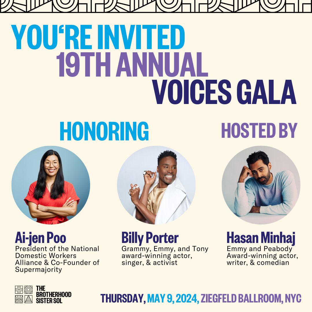 Join us at our Voices gala on May 9, 2024. We are thrilled to honor @aijenpoo, President of the @domesticworkers & Co-Founder of @supermajority, & @theebillyporter, Grammy, Emmy, & Tony award-winning actor, singer, & activist. Hosted by Hasan Minhaj: brotherhood-sistersol.org/voices.