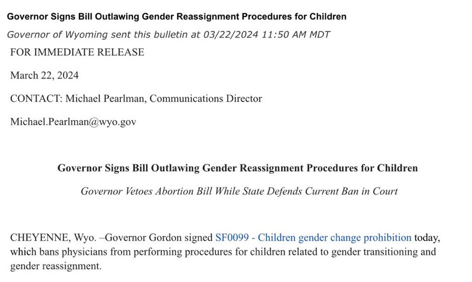 againstgrmrs's tweet photo. 🚨 BREAKING: Governor @Mark_Gordon_WY has signed SF0099 into law! Child sterilization and mutilation will be BANNED in Wyoming!
Thank you to everyone who called! We did it! #StateByState https://t.co/uKwMXbBtbq