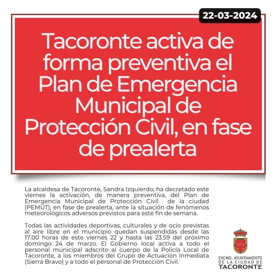 #Tacoronte activa el Plan de Emergencia Municipal en #prealerta, por meteorología adversa y previsión de fuertes #lluvias, #vientos, #tormentas, #nevadas y #fenómenoscosteros en #Canarias

Por el momento, la actividad al aire libre se mantiene en la ciudad