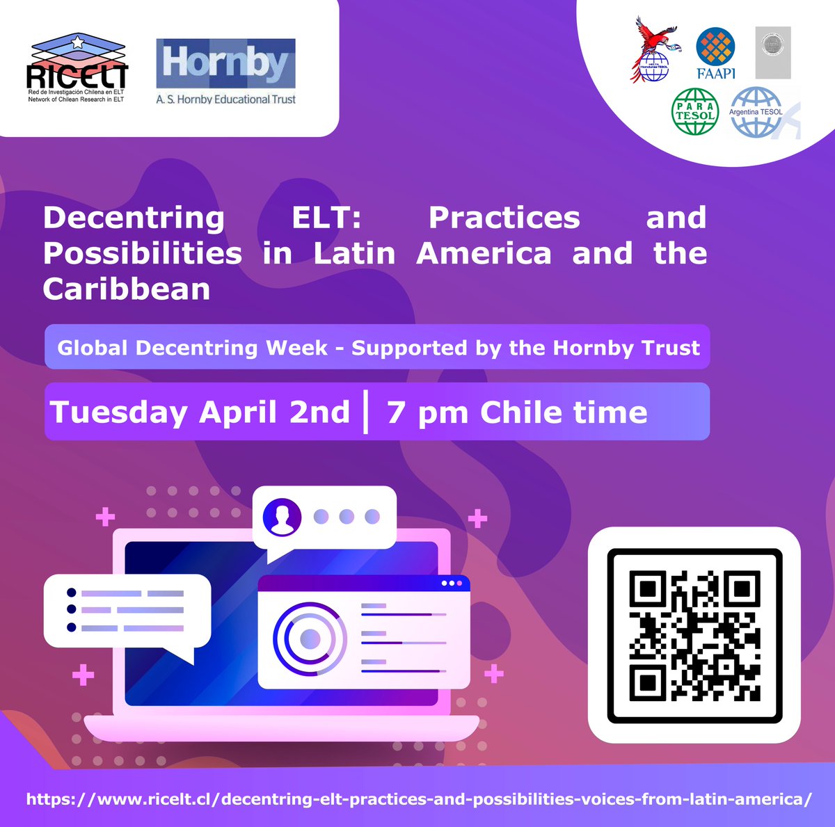 Decentring ELT: Practices and Possibilities in Latin America and the Caribbean 

Tuesday April 2nd (7 pm Chile time)

Global Decentring Week. Supported by the Hornby
Trust

With: Paratesol, Grupo Rio EP, FAAPI and Argentina Tesol , Helta Tesol, and RICELT

ricelt.cl/decentring-elt…