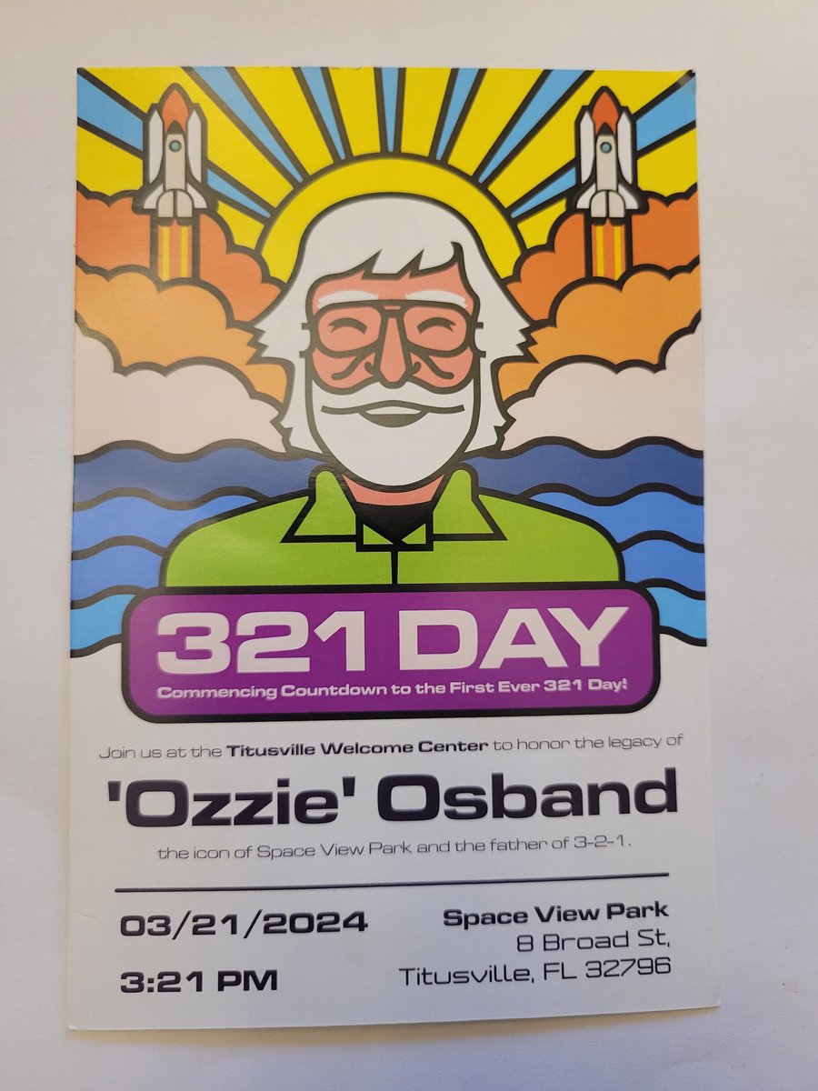 Churchfacs's tweet photo. Yesterday,  March 21st, was the inaugural 321 Day, celebrating the Space Coast and also remembering "Ozzie" Osband, a @Titusville icon responsible for Brevard getting the 321 area code @Space_Station https://t.co/ps7GrdyPCh