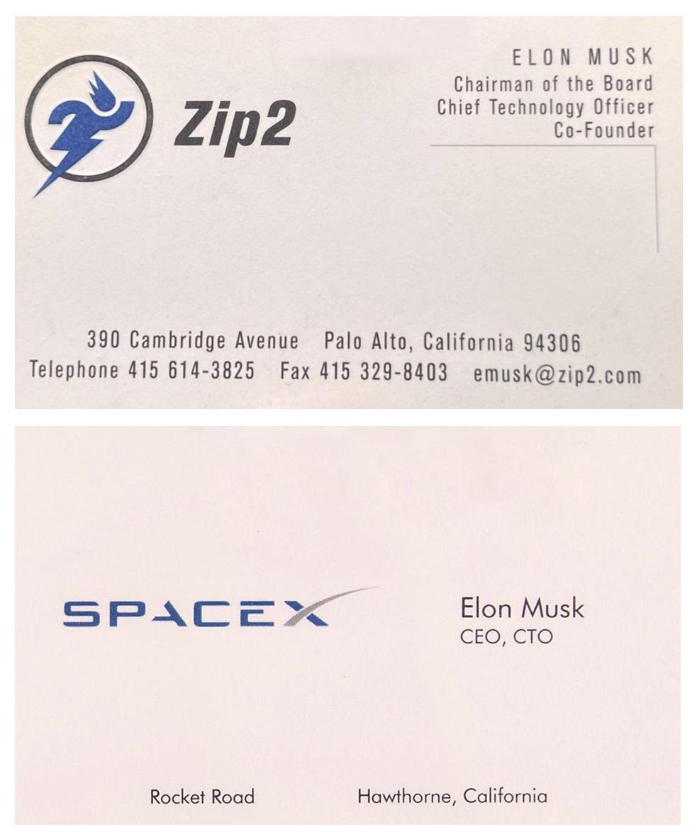 cb_doge's tweet photo. Elon Musk's Zip2 and SpaceX Business Cards https://t.co/MXgDewzx1m