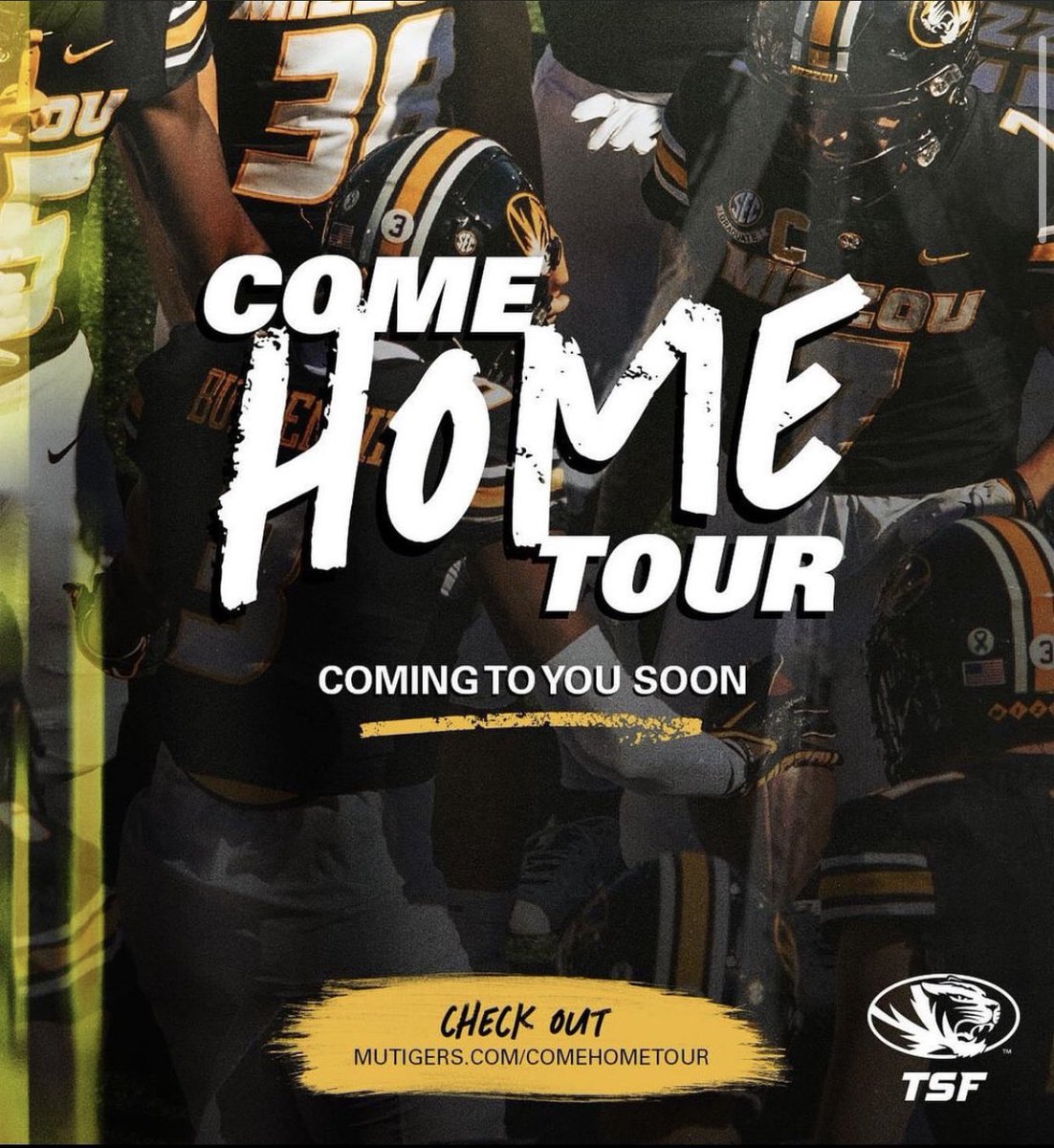 KEEP ON THE LOOKOUT FOR THE COME HOME TOUR 2024, MAKING A STOP NEAR YOU! DON'T MISS YOUR CHANCE TO HANG OUT WITH OTHER TIGER FANS AND MEET MIZZOU COACHES AND ATHLETES! REGISTER AT MUTIGERS.COM/COMEHOMETOUR