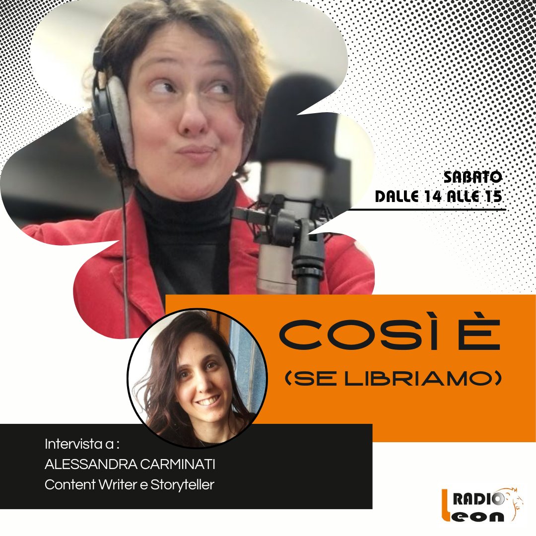 𝗦𝗮𝗯𝗮𝘁𝗼 𝟮𝟯 𝗺𝗮𝗿𝘇𝗼 avrò ospite ai microfoni di <a href="/_radioleon/">Radio Leon</a> durante il programma 🅲🅾🆂ì è (🆂🅴 🅻🅸🅱🆁🅸🅰🅼🅾) Alessandra Carminati, Content writer e storyteller,  autrice della rubrica 𝗥𝗲𝗰𝗲𝗻𝘀𝗶𝗼𝗻𝗶 𝗶𝗻 𝗥𝗼𝘀𝗮 che potete leggere sul blog di <a href="/womenximpact/">WomenXimpact</a>