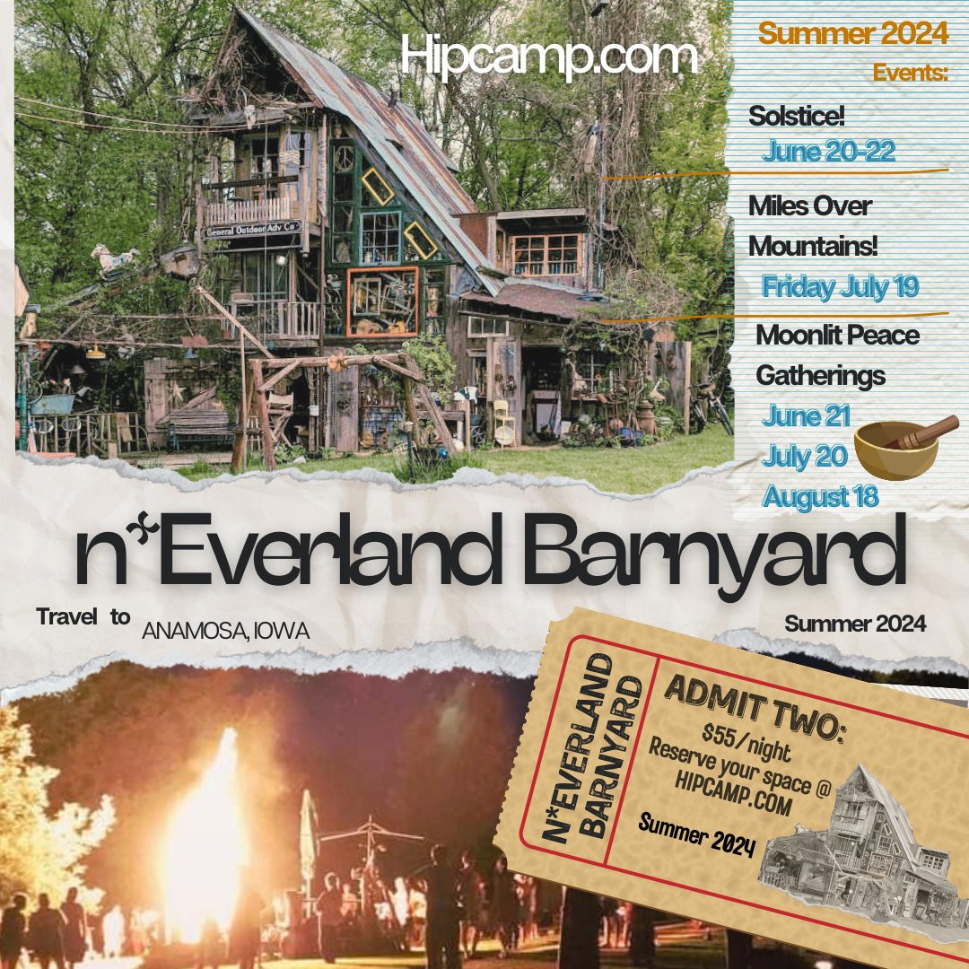Announcing our summer schedule for n*Everland Barnyard! #Camping #SummerSolstice #ArtInstallationSpace #LivingInFantasyland #ComeVisit #Hipcamp #presence #mindfulness #ProjectCreatePeace #fundraiser This place is REAL &amp;Magical #ReadOURReviews hipcamp.com/en-US/land/iow…