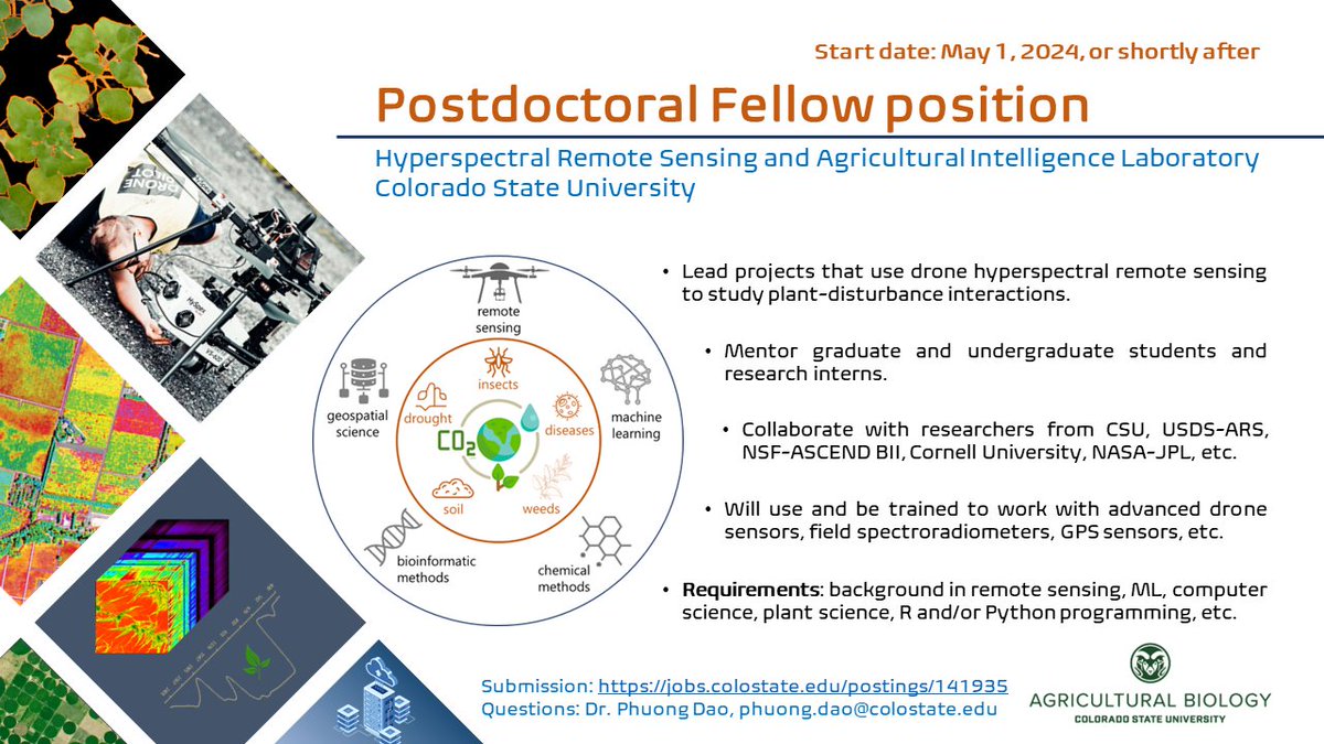 Phuong Dao, PhD (@ducphuong_dao) on Twitter photo My group <a href="/ColoradoStateU/">Colorado State University</a> is looking for a Postdoc in Precision Agriculture - drone/satellite hyperspectral imagery. Pls RT: <a href="/agristok/">Agristok</a> <a href="/IntSoPA/">ISPA</a> <a href="/IEEE_GRSS/">IEEE Geoscience and Remote Sensing Society</a> <a href="/theAGU/">AGU (American Geophysical Union)</a> <a href="/ASPRSorg/">ASPRS</a> <a href="/ASABEorg/">ASABE.org</a> <a href="/NAPPN_org/">North American Plant Phenotyping Network</a> <a href="/ESA_EO/">ESA Earth Observation</a> <a href="/AcresProgram/">NASA Acres</a> <a href="/theAAG/">American Association of Geographers</a> <a href="/ESA_org/">Ecological Society</a> <a href="/plantdisease/">The American Phytopathological Society</a>
Details: jobs.colostate.edu/postings/141935 My group <a href="/ColoradoStateU/">Colorado State University</a> is looking for a Postdoc in Precision Agriculture - drone/satellite hyperspectral imagery. Pls RT: <a href="/agristok/">Agristok</a> <a href="/IntSoPA/">ISPA</a> <a href="/IEEE_GRSS/">IEEE Geoscience and Remote Sensing Society</a> <a href="/theAGU/">AGU (American Geophysical Union)</a> <a href="/ASPRSorg/">ASPRS</a> <a href="/ASABEorg/">ASABE.org</a> <a href="/NAPPN_org/">North American Plant Phenotyping Network</a> <a href="/ESA_EO/">ESA Earth Observation</a> <a href="/AcresProgram/">NASA Acres</a> <a href="/theAAG/">American Association of Geographers</a> <a href="/ESA_org/">Ecological Society</a> <a href="/plantdisease/">The American Phytopathological Society</a>
Details: jobs.colostate.edu/postings/141935