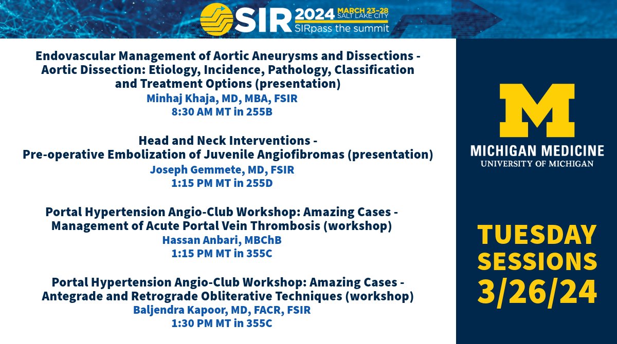 Michigan Radiology (@umichradiology) on Twitter photo Four of our faculty are presenting on the penultimate day of #SIR24SLC, including <a href="/anbari_MD_IR/">Hassan Anbari</a> and our section head Dr. Kapoor sharing treatment options for patients with #PortalHTN. Stop by <a href="/VIRkhaja/">Minhaj S Khaja, MD, MBA</a> and <a href="/joeyg132513/">joseph gemmete</a>’s sessions as well!
<a href="/SIRspecialists/">Society of Interventional Radiology</a> <a href="/umichmedicine/">Michigan Medicine</a> Four of our faculty are presenting on the penultimate day of #SIR24SLC, including <a href="/anbari_MD_IR/">Hassan Anbari</a> and our section head Dr. Kapoor sharing treatment options for patients with #PortalHTN. Stop by <a href="/VIRkhaja/">Minhaj S Khaja, MD, MBA</a> and <a href="/joeyg132513/">joseph gemmete</a>’s sessions as well!
<a href="/SIRspecialists/">Society of Interventional Radiology</a> <a href="/umichmedicine/">Michigan Medicine</a>