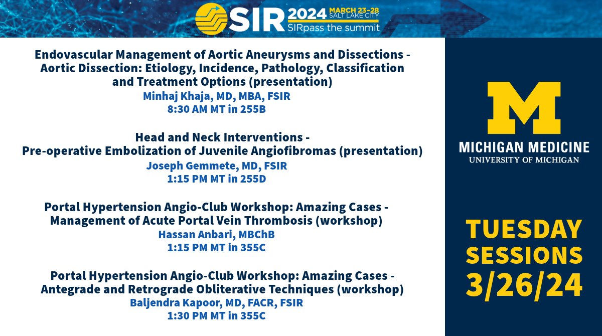 Four of our faculty are presenting on the penultimate day of #SIR24SLC, including @anbari_MD_IR and our section head Dr. Kapoor sharing treatment options for patients with #PortalHTN. Stop by @VIRkhaja and @joeyg132513’s sessions as well! @SIRspecialists @umichmedicine