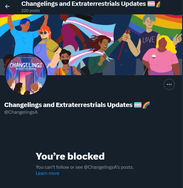 Holy shit, they blocked me XD. Just for criticizing the fact they left out transfemme authors & tried to put a bandaid on it with a separate book.

People have the right to know this 'trans anthology' is cherrypicked in a way that leaves transfemmes out.
#TransRightsReadathon.