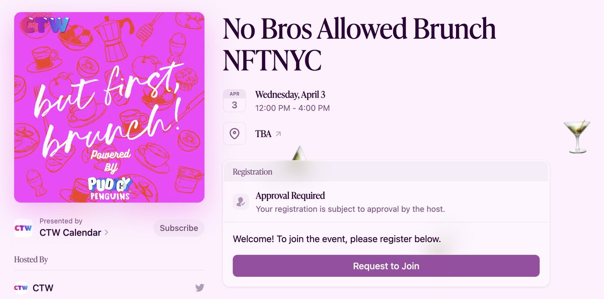 Remember my little silly girls-only brunch at NFTNYC? Time has been updated and the first partner secured... Thank you @pudgypenguins for being the chads you are and stepping up to support the girlies in web3. Fully comped brunch & mimosas 💃 DM to sponsor. RSVP below 👇🏽