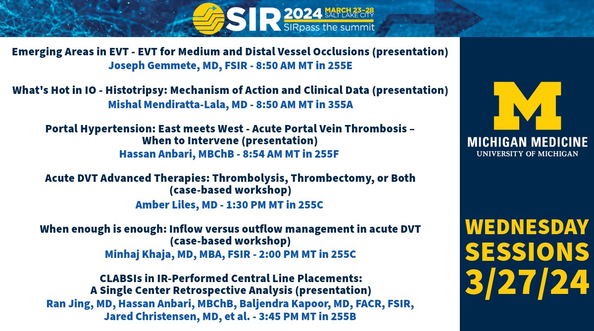 Last day of #SIR24SLC and we are still going strong! Check out @RanJing95 & @anbari_MD_IR's review of CLABSIs, as well as @VIRkhaja and @ALilesMD's contributions to the advanced acute DVT workshop. @MishalLala and @joeyg132513 are presenting too! @SIRspecialists @umichmedicine