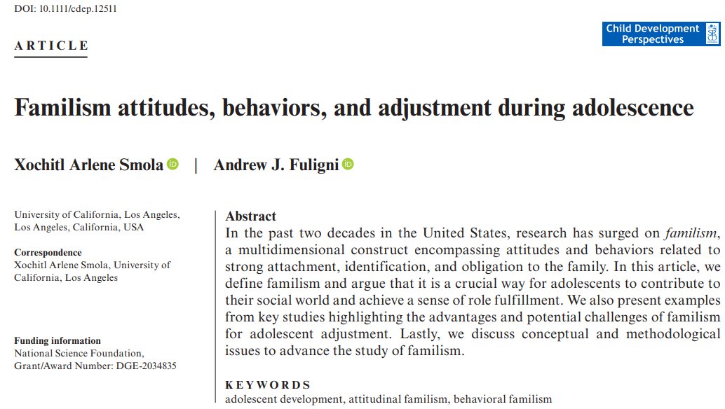 What's familism?? Where do I start?? I got you! 📢✨Familism Brief Review✨now published @SRCDtweets doi.org/10.1111/cdep.1…