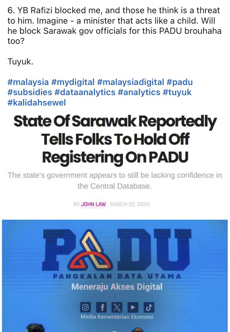 ThIsIs_Zharif's tweet photo. Kritikan terhadap PADU oleh @NurazamMalim (CEO Tech Company). Maybe ada kena mengena dengan kenapa kerajaan Sarawak hentikan pendaftaran PADU buat masa ini ? 

Cc @rafiziramli 
(Maybe you can unblock him on LinkedIn and refute his statement?) https://t.co/5OUYuvtH3y