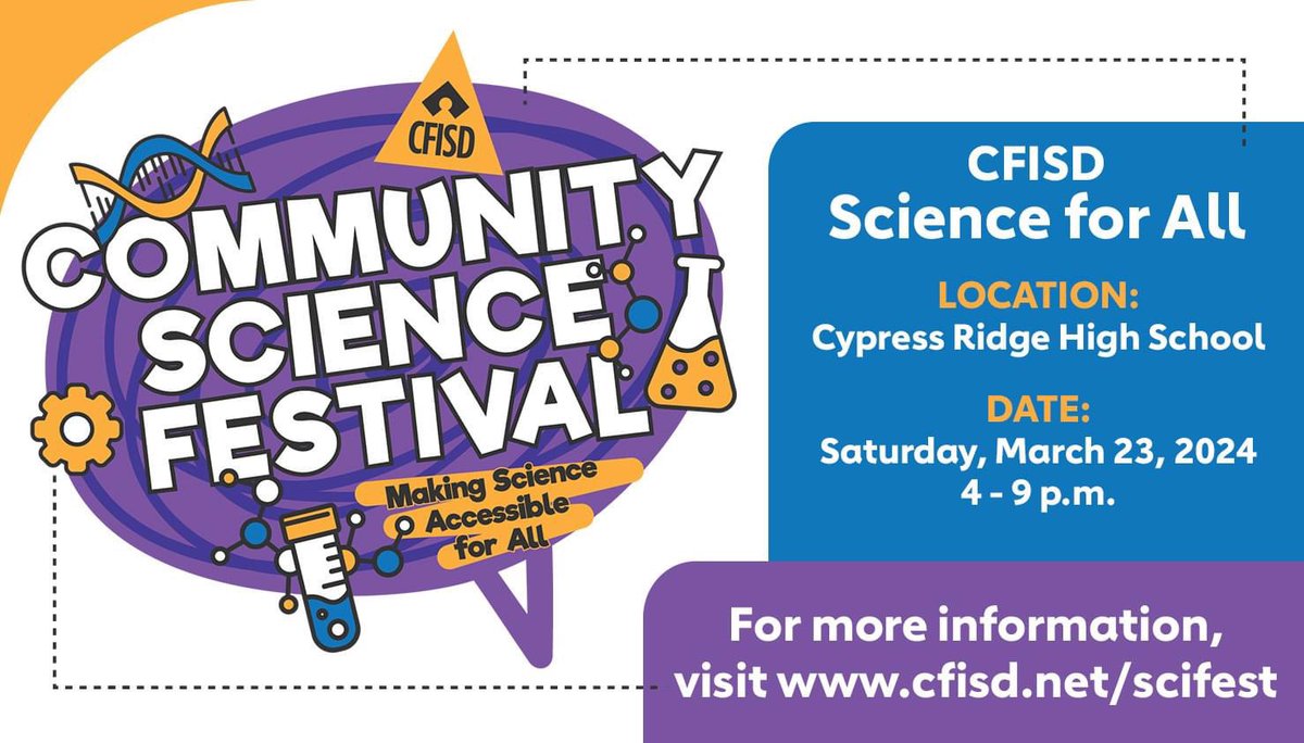 Hey Spartans! The inaugural CFISD Community Science Festival is TOMORROW, Saturday, March 23rd at Cypress Ridge HS. Some of your favorite science teachers will be there with some awesome labs and activities to do…we hope to see you there! @CFISDScience #BeCurious #CFISDSciFest