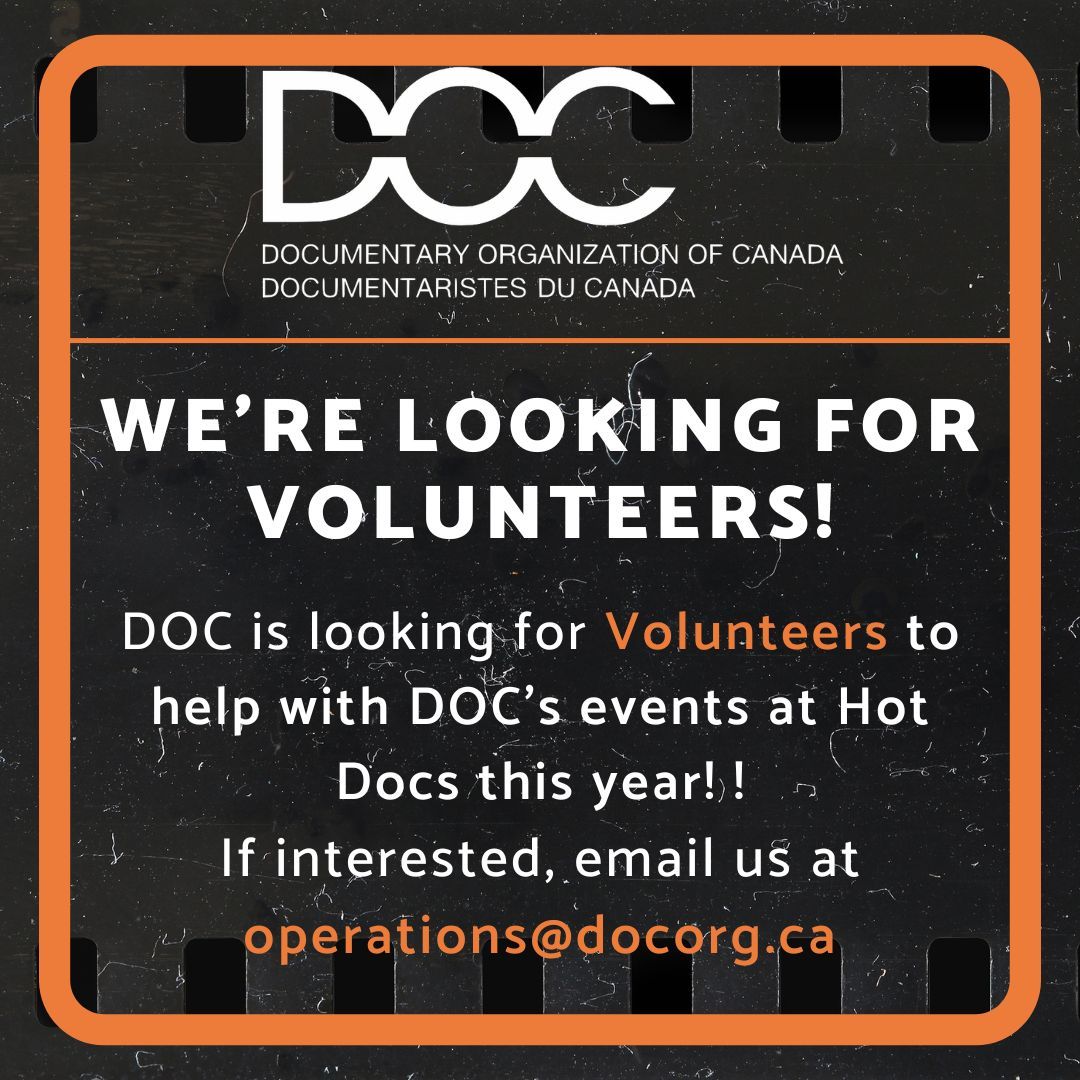 📢 Call for Volunteers: Help out DOC with DOC’s events during Hot Docs 2024! 🗓 April 29: 6:30pm – Midnight EST 🗓 May 2: 1 – 3:30pm EST | 3:30pm – 6:30pm EST | 7:00pm – Midnight EST Volunteers get a free one-year Start-Up membership from DOC! 🔗 buff.ly/4a3ydqp