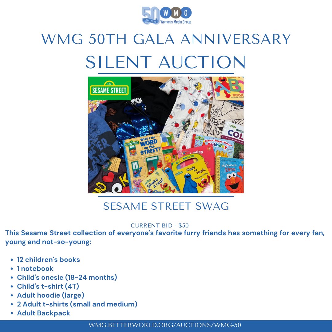 Calling all Sesame Street fans! BID NOW for this amazing collection featuring everyone's favorite furry friends! From children's books to adult apparel, there's something for every fan! Don't miss out on this exclusive offer! Register Below! womensmediagroup.org/Gala-Tickets