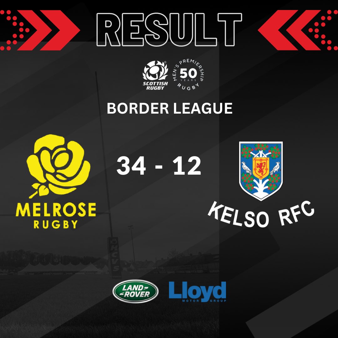 ⚫️⚪️ KELSO RFC VS MELROSE RFC ⚫️⚪️ Full time at The Greenyards and final score is Melrose 34 - Kelso 12. ⚫️⚪️ #OneClub #OneCommunity #blacknwhitejersey