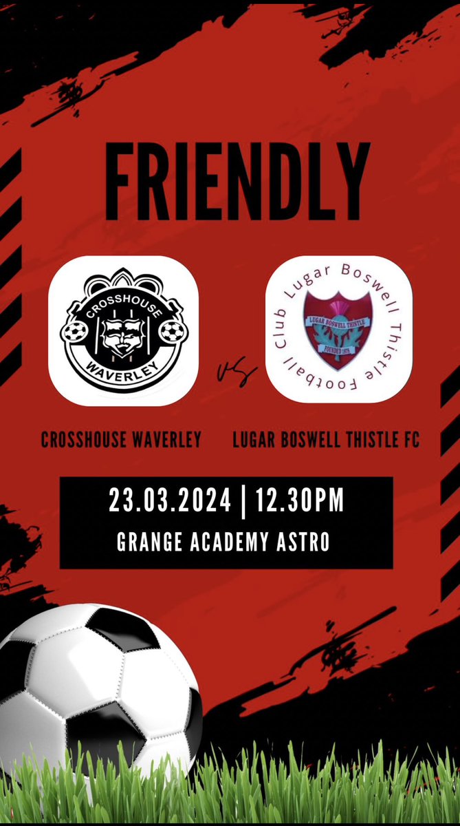 Crosshouse Waverley (@crosshousewavaf) on Twitter photo TOMORROW
with no league fixture this week, we face Lugar Boswell in a friendly who are having a strong season in the WOSFL!
β½οΈ <a href="/LugarFC1878/">Lugar Boswell Thistle FC</a>
π Friendly Match
π’ 12:30 Kick Off
π Grange Academy, Kilmarnock.
π΄β«οΈ TOMORROW
with no league fixture this week, we face Lugar Boswell in a friendly who are having a strong season in the WOSFL!
β½οΈ <a href="/LugarFC1878/">Lugar Boswell Thistle FC</a>
π Friendly Match
π’ 12:30 Kick Off
π Grange Academy, Kilmarnock.
π΄β«οΈ