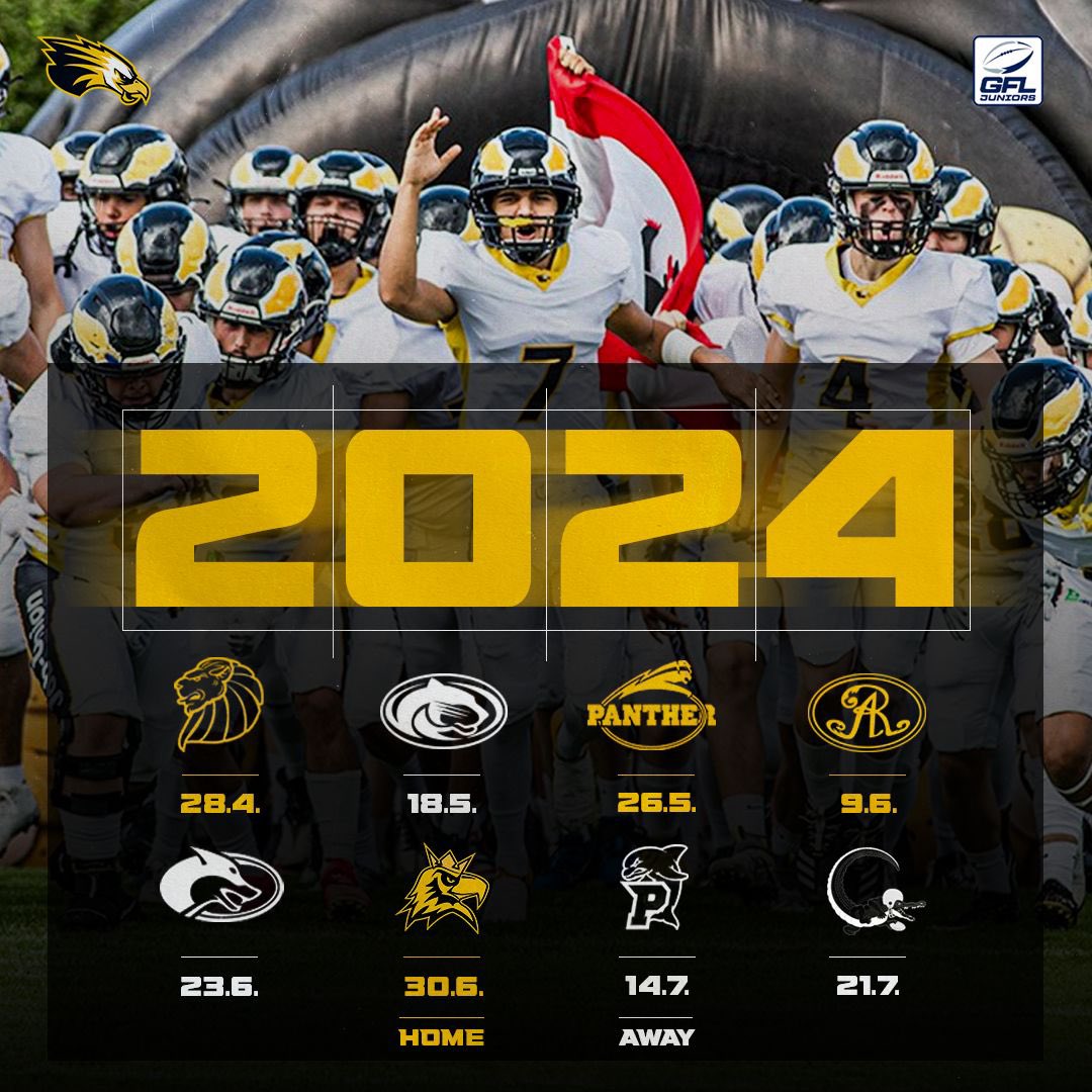 🖤GFL JUNIOR SPIELPLAN 2024💛

Im dritten Anlauf wollen unsere Jungs die deutsche Meisterschaft nach Berlin holen. Uns erwarten spannende Heimspiele im Stade Napoleon:

28.04. | 15:00 Uhr: New Yorker Lions U20
26.05. | 15:00 Uhr: Düsseldorf Panther U20
09.06. | 15:00 Uhr: Dresden