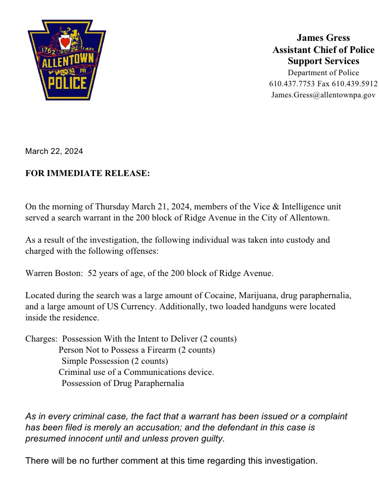 MEDIA RELEASE: Narcotics and Firearm Arrest #AllentownPolice