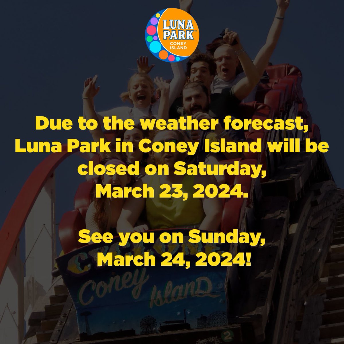 🌙✨ Luna Park in Coney Island will be closed Saturday, March 23 due to the forecasted weather. 🎪Extraordinary FUN begins on Sunday March 24, 2024 ! 🥳🎉 🎢 Buy your Extraordinary Wristbands online today! #lunaparknyc #coneyisland #extraordinary
