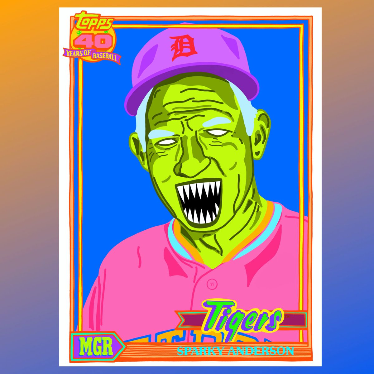 Today's #NeonTerror is #HallofFame manager #SparkyAnderson and his 1991 #Topps card. He played for the #Philadelphia #Phillies in 1959. Went on to me manager of the #Cincinnati #Reds and #Detroit #Tigers. Sparky was a 3x World Series champ and 2x AL Manager of the Year.