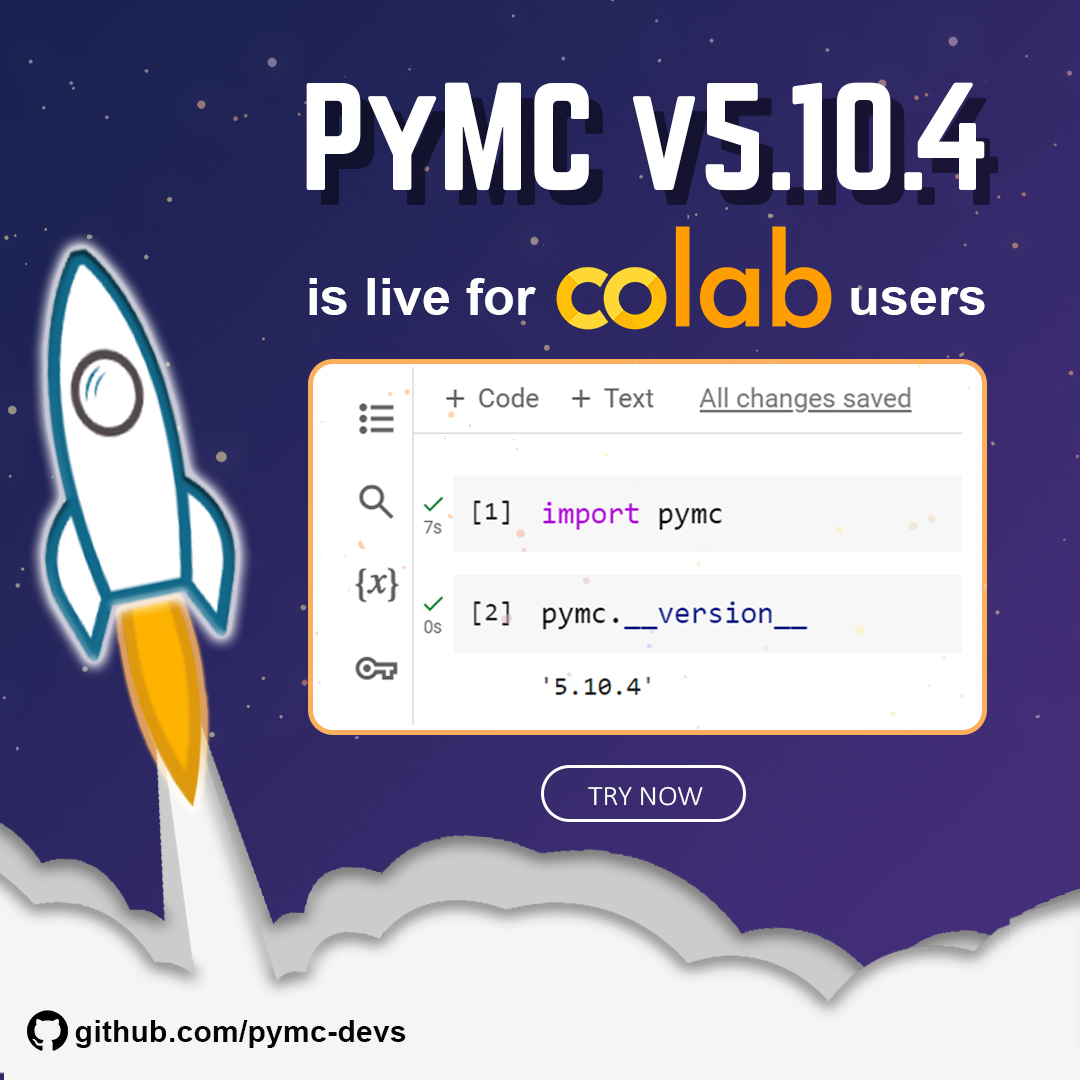 🚀 PyMC 5.10.4 has been officially landed on Colab!

This latest version brings seamless integration of the numpyro sampler. Now, you can run blackjax and numpyro smoothly. 

Explore all the features and enhancements; check it out now on Colab: colab.research.google.com  #PyMC