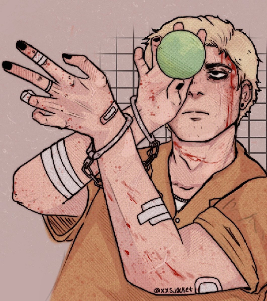 xxsjacket's tweet photo. did a quick doodle of jacket with the stupid fucking green ball in question (i love that he got to keep it when he went to prison lmao) 
#hotlinemiami https://t.co/cWvcrBWn3u
