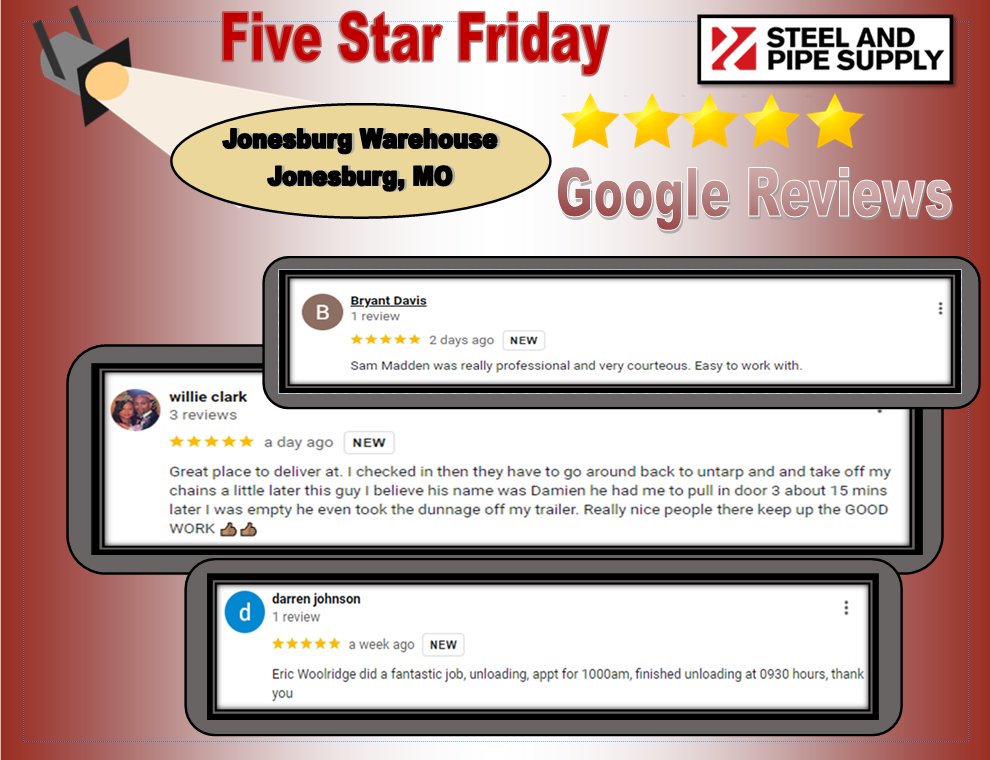 steelandpipe's tweet image. Congratulations to our Jonesburg Warehouse for the 5 star reviews this week. Way to keep our value of "Service" in action.