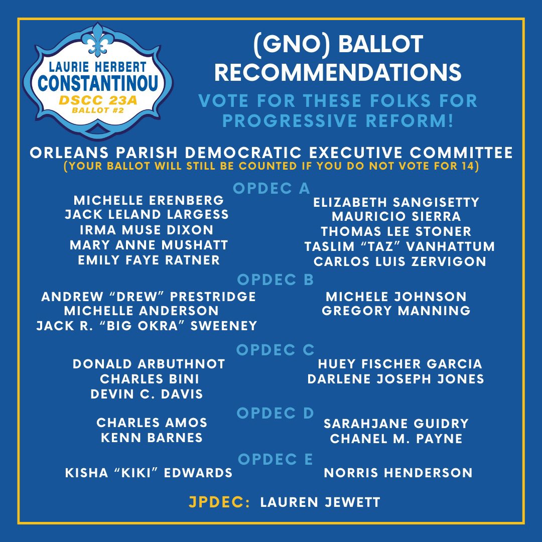 Laurie4Progress's tweet photo. #NOLATwitter, after voting in DSCC races (please vote for me (Ballot #2) &amp; @jrs4la (Ballot #7) for DSCC in HD23), here are my recs for DPECs on your ballot as the best chances to reform the LADemParty at the parish level!Make sure you VOTE &amp; spread the word to friends &amp; neighbors https://t.co/gFX88zK13l