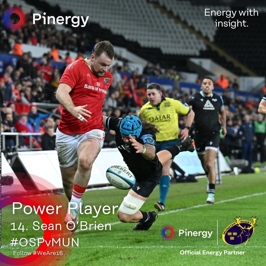 Sean O’Brien is the Pinergy Power Player in @MunsterRugby's bonus-point 27-17 win away at Ospreys. 

He topped the stats for metres gained (102m) from 8 carries as well as scoring two crucial first-half tries.

#OSPvMUN #SUAF🔴 #WeAre16 #PoweringTheDifference #SUAF #URC