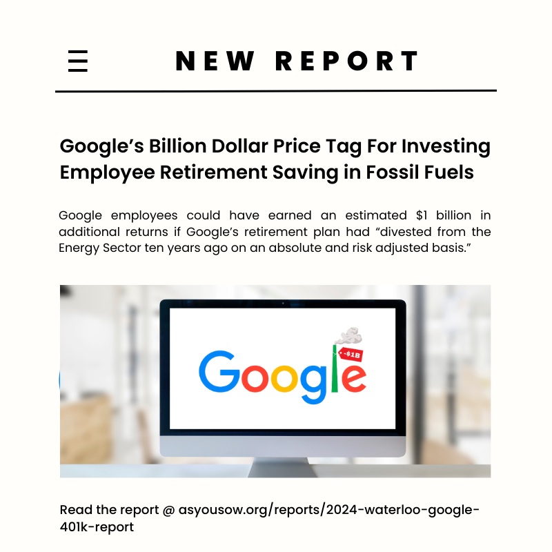 Investing in oil and gas is a losing long-term bet - just ask @Google employees who missed out on over $1bn in retirement savings by investing in fossil fuels through their @Vanguard_Group 401(k). asyousow.org/reports/2024-w…