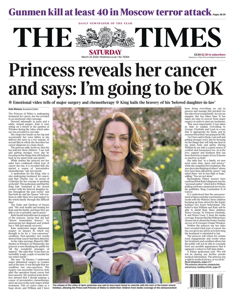THE TIMES: Princess reveals her cancer and says: I’m going to be OK #TomorrowsPapersToday