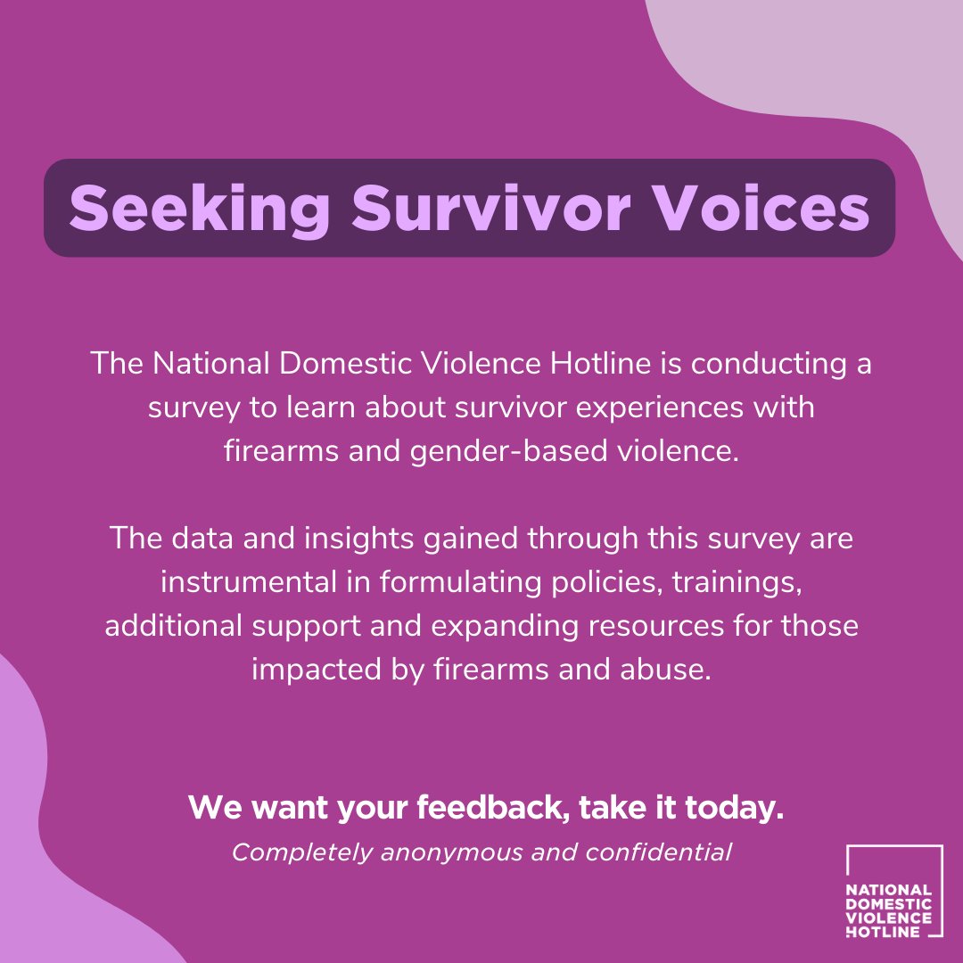 The Hotline is conducting a survey to learn about survivor experiences with firearms and gender-based violence. Firearms can be used as tools to threaten, coerce, or harm a survivor of intimate partner violence. Take the survey: bit.ly/3VqElVb #GunViolenceAwareness