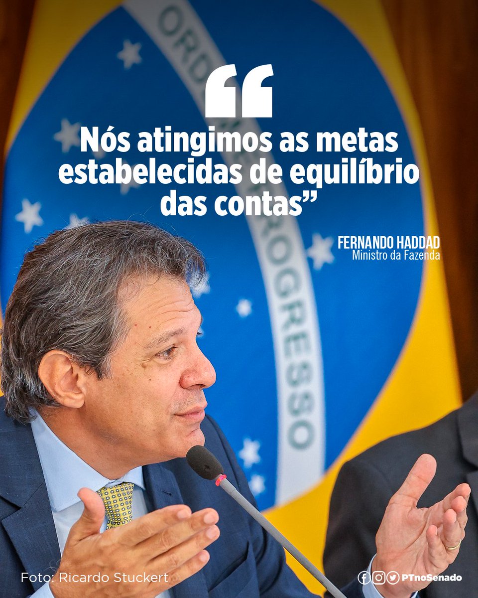 PT no Senado (@ptnosenado) on Twitter photo "Sem cortar Bolsa Família, salário mínimo, SUS e outros direitos constitucionais do povo, nós atingimos as metas estabelecidas de equilíbrio das contas."
🌟 <a href="/Haddad_Fernando/">Fernando Haddad</a>, ministro da Fazenda "Sem cortar Bolsa Família, salário mínimo, SUS e outros direitos constitucionais do povo, nós atingimos as metas estabelecidas de equilíbrio das contas."
🌟 <a href="/Haddad_Fernando/">Fernando Haddad</a>, ministro da Fazenda