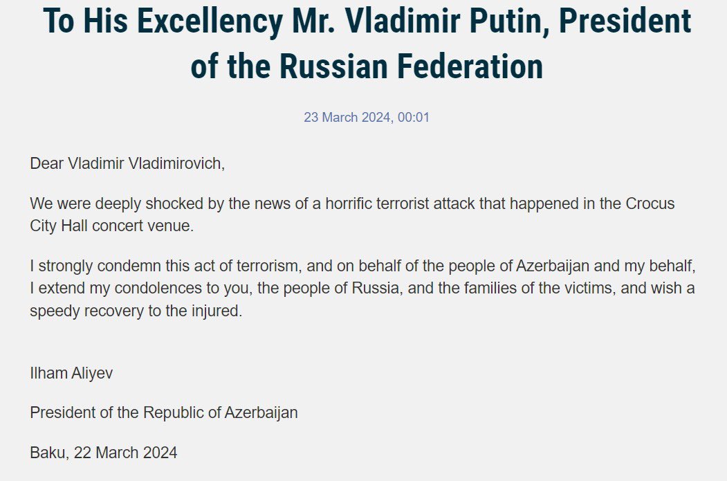 Ilham Aliyev extended his condolences to the President of Russia Vladimir Putin due to the terrorist attack. president.az/en/articles/vi…