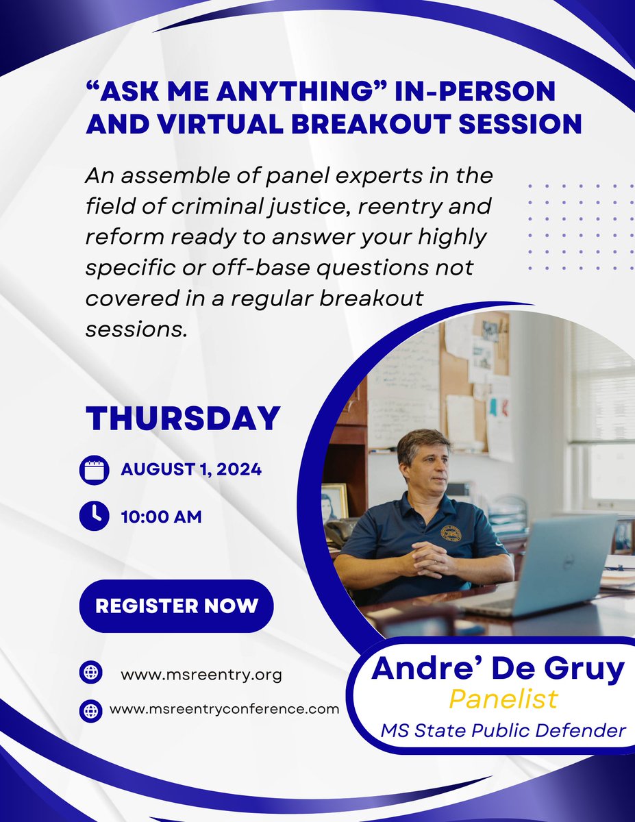 📢 Exciting News! 🎉 Thrilled to announce our latest addition to the lineup for our upcoming conference: André De Gruy, the State of Mississippi Public Defender! 🗓️ Save the Date: August 1, 2024 📍 Horseshoe Tunica Register at: msreentryconference.com #msreentry #mississippi