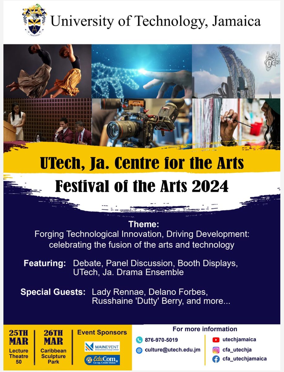 UTechJamaica's tweet photo. We're thrilled to invite you to our Festival of the Arts on March 25-26. Immerse yourself in a world of creativity and togetherness as we host a debate, panel discussion, and booths filled with excitement. Mark your calendars for this special event!
#utech #utechja #campusevents https://t.co/k5KATnCuf8