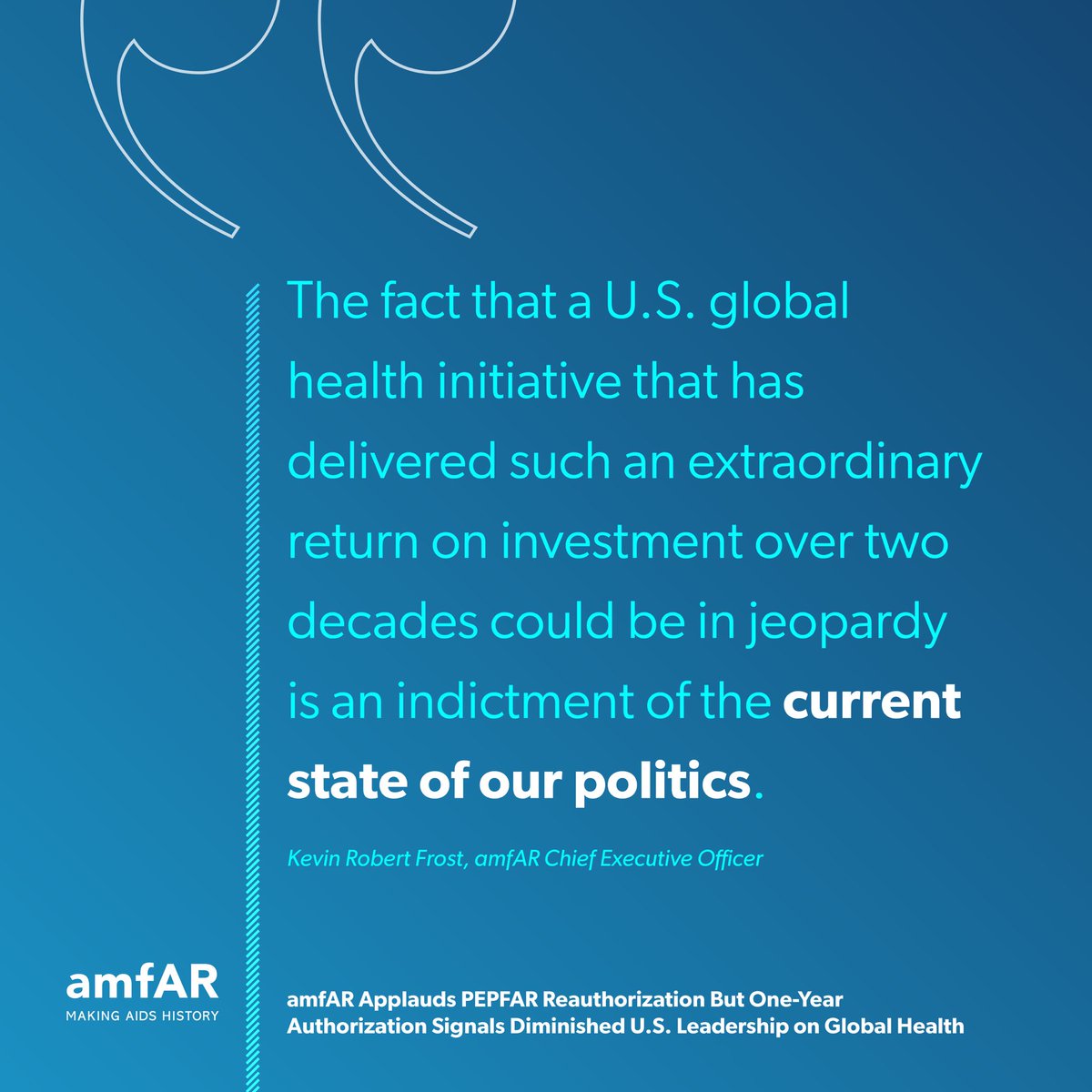 amfAR applauds Congress’s one-year reauthorization of PEPFAR but the diminished timeline sets up yet another fight in Congress next year and undermines the authority of the U.S. as a leader in global public health. amfar.org/press-releases…