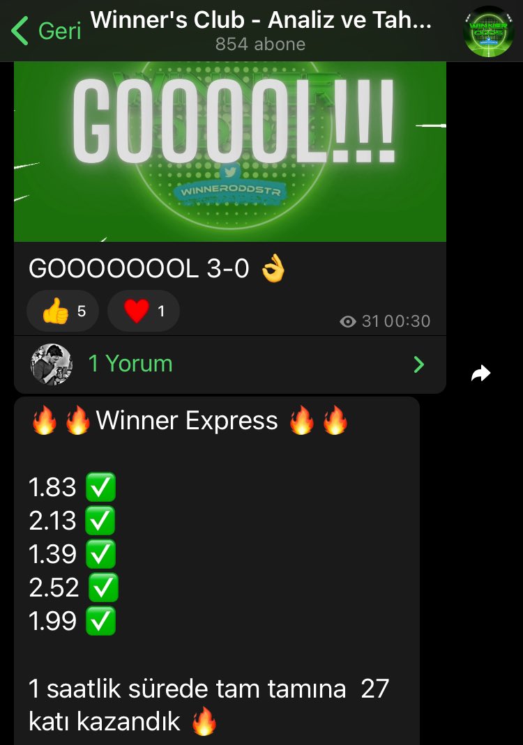 🔥Winner Express sunar !! 

1 saat içinde 1.000₺’miz 27.170₺ oldu 🔥

Dahil olmak isteyenler aşağıdaki linkten gruba ücretsiz olarak katılabilir. 

t.me/WinnersClubTR
